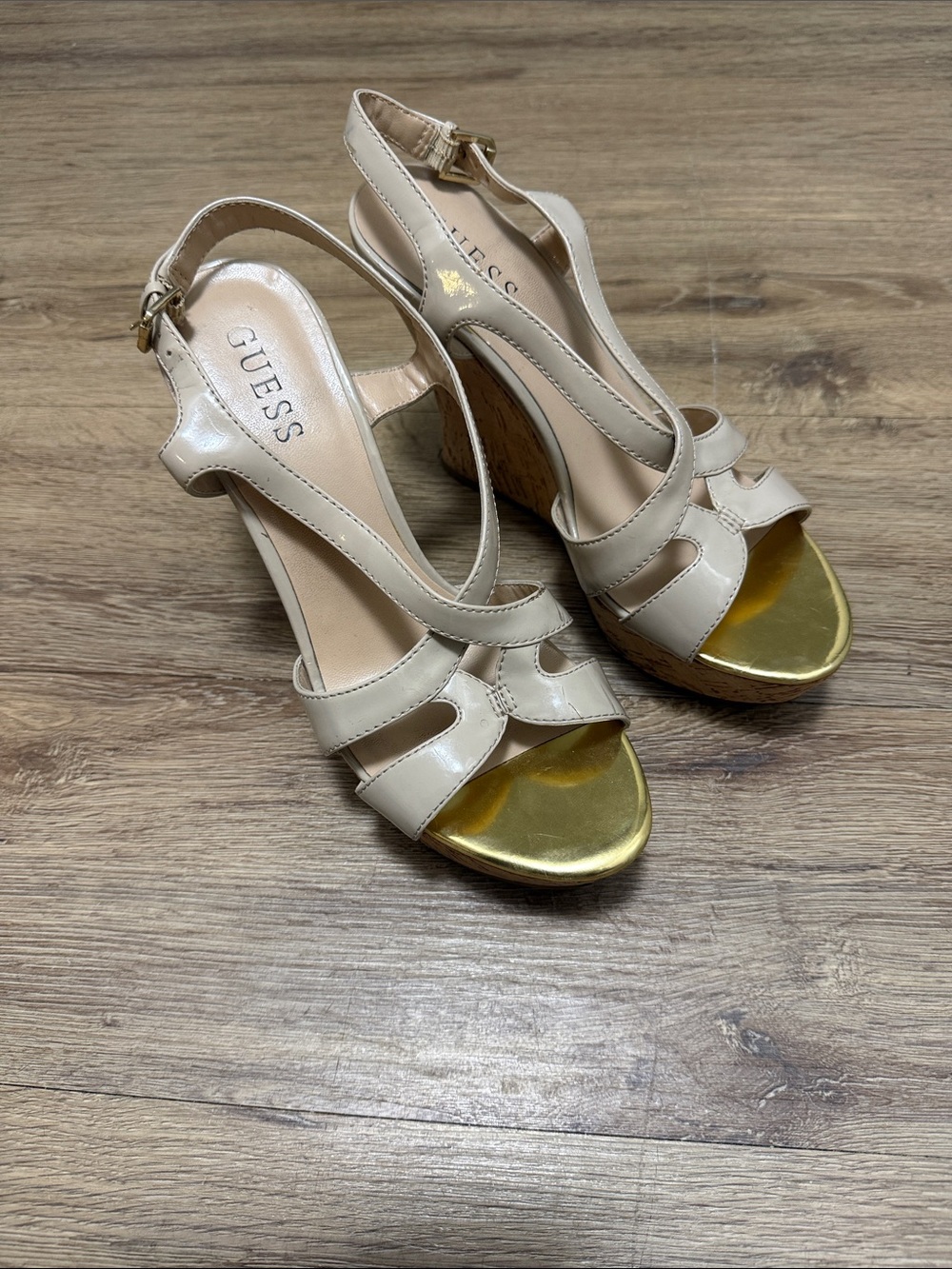 Y2K GUESS Beige Wedge Sandals with Gold Toe Accent